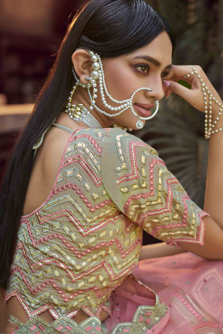Pista green organza gota and resham work bridal lehenga choli