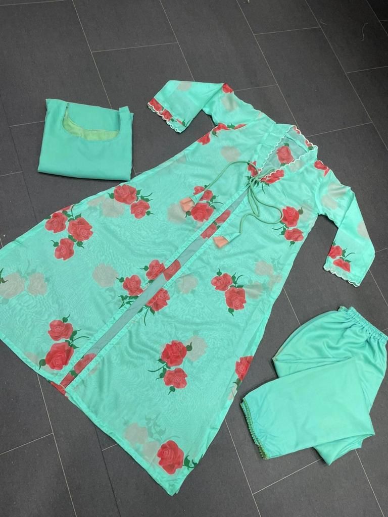 Pista green organza silk printed raksha bandhan special pant suit with shrug