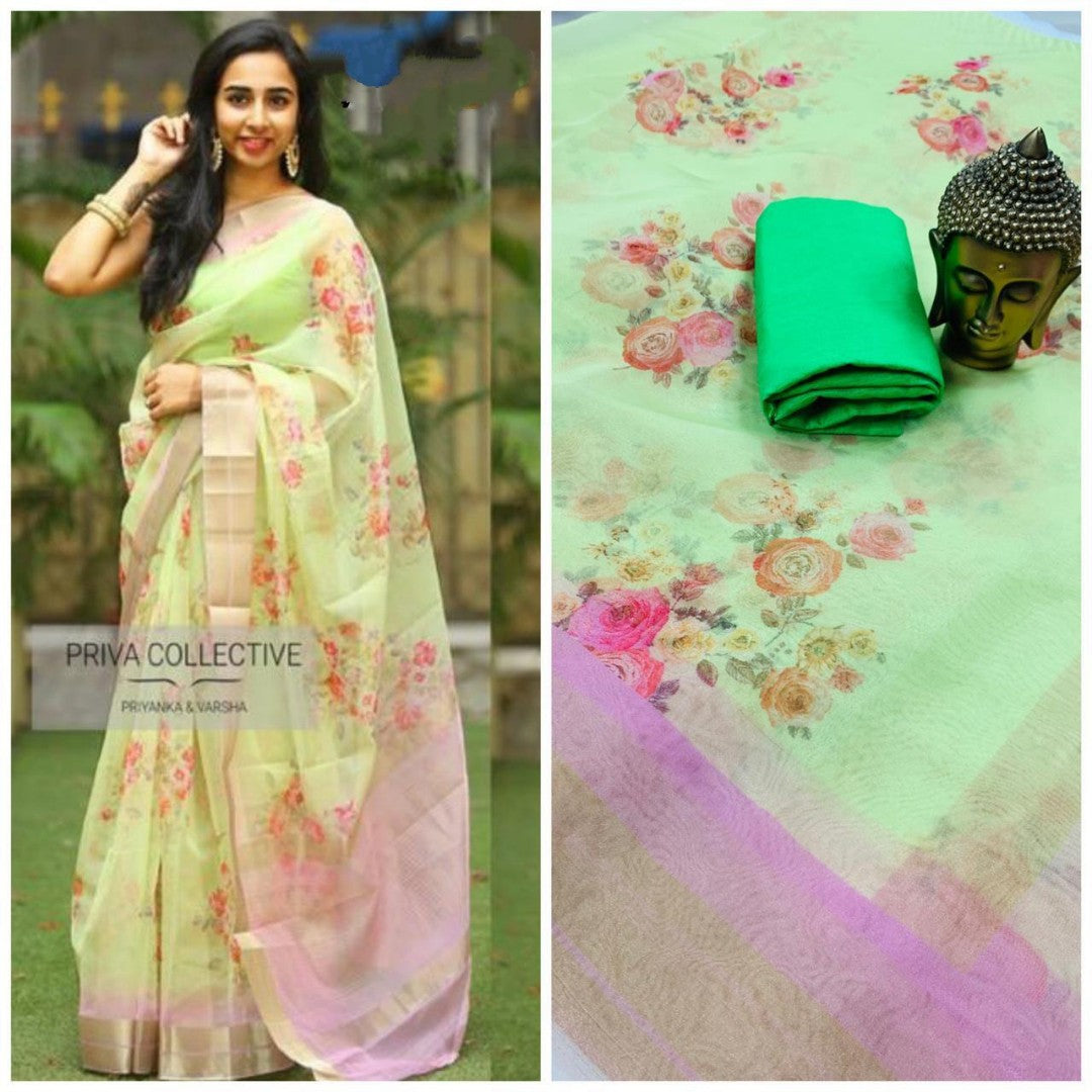 pista green orgenza floral digital printed saree