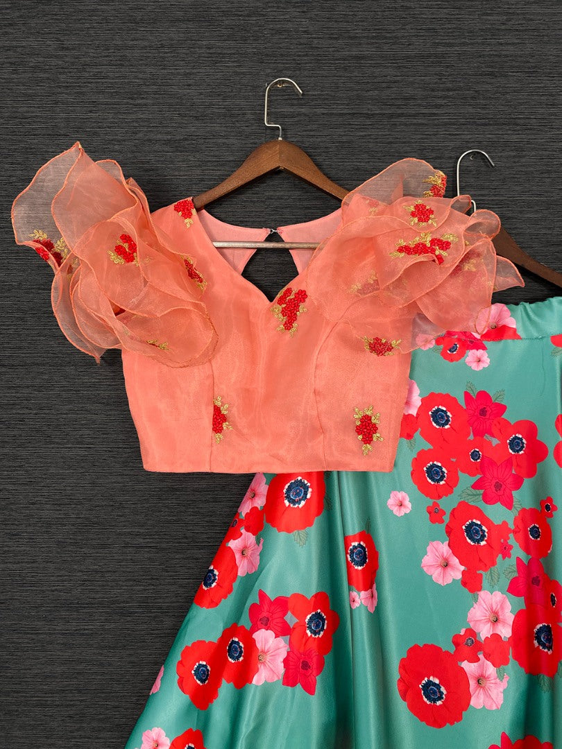 Pista green satin flower printed crop top lehenga