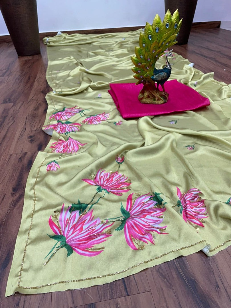 Pista green satin silk digital printed hand worked saree