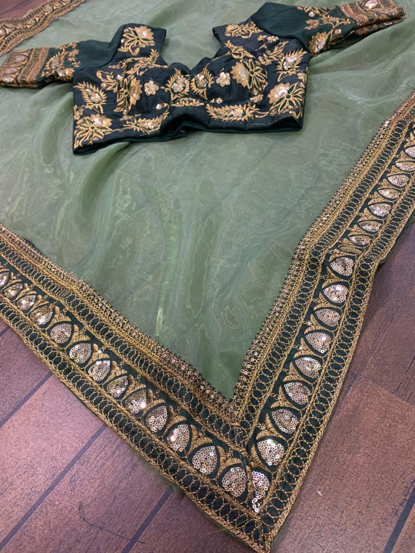 Pista green soft organza silk wedding saree