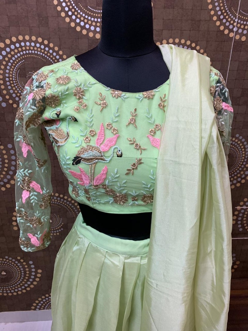 pista green soft orgenza silk partywear lehenga choli