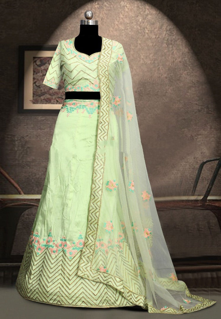Pista green soft tafeta silk embroidered wedding lehenga choli