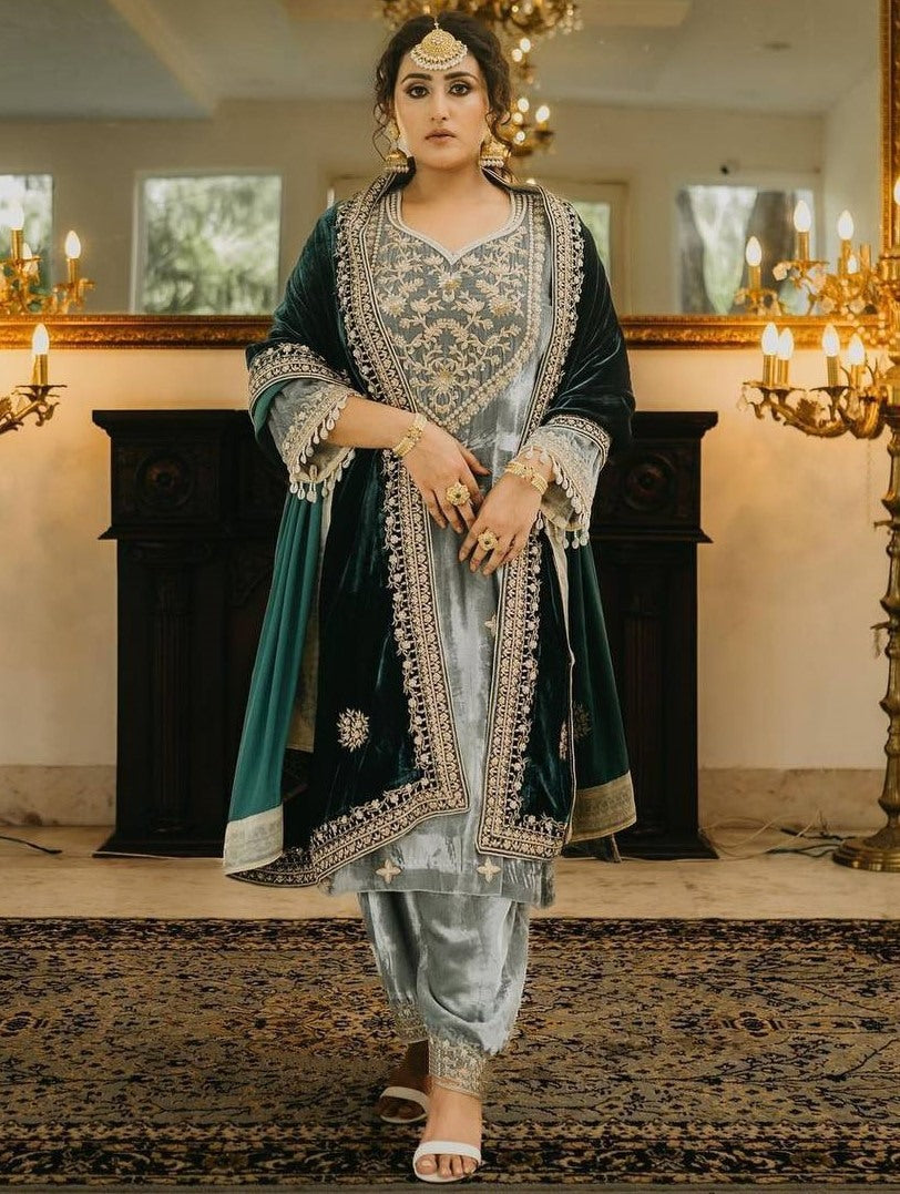 Pista green velvet embroidery worked palazzo suit