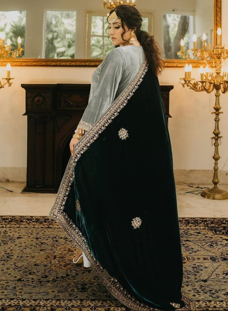 Pista green velvet embroidery worked palazzo suit