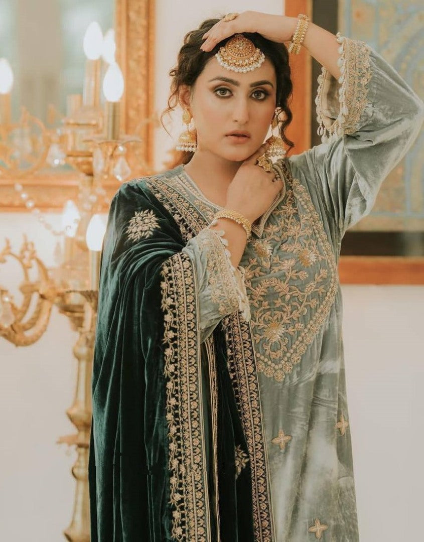Pista green velvet embroidery worked palazzo suit