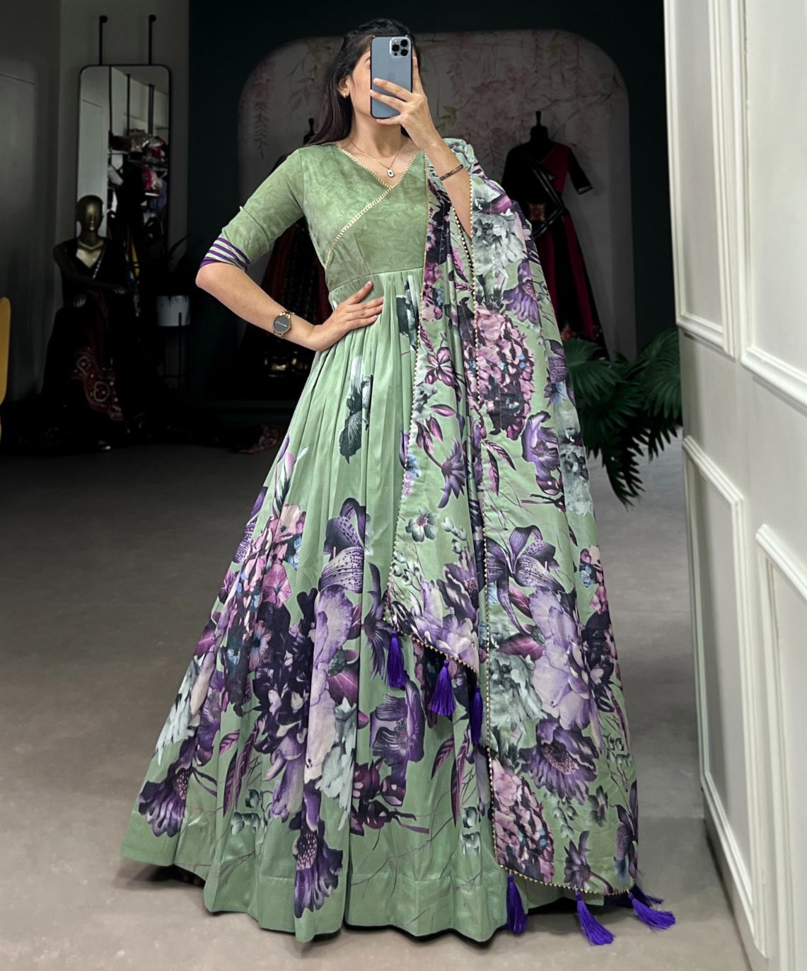 Tussar silk floral printed long stylish gown Pista Green Free Size