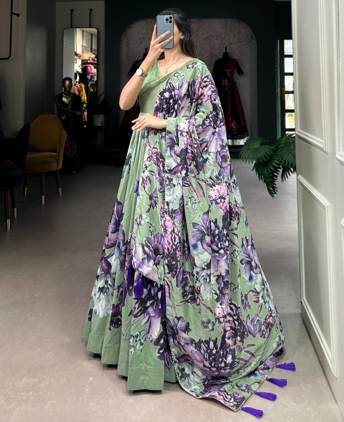 Tussar silk floral printed long stylish gown