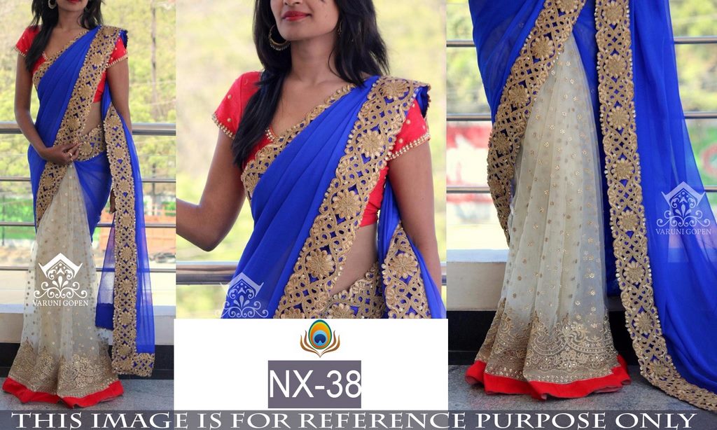 pretty look blue and cream half half saree