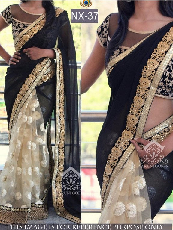 pretty look stylist black and cream half half saree