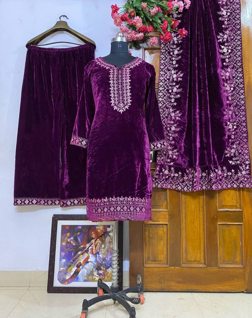 Pruple velvet heavy embroidery worked plazzo suit