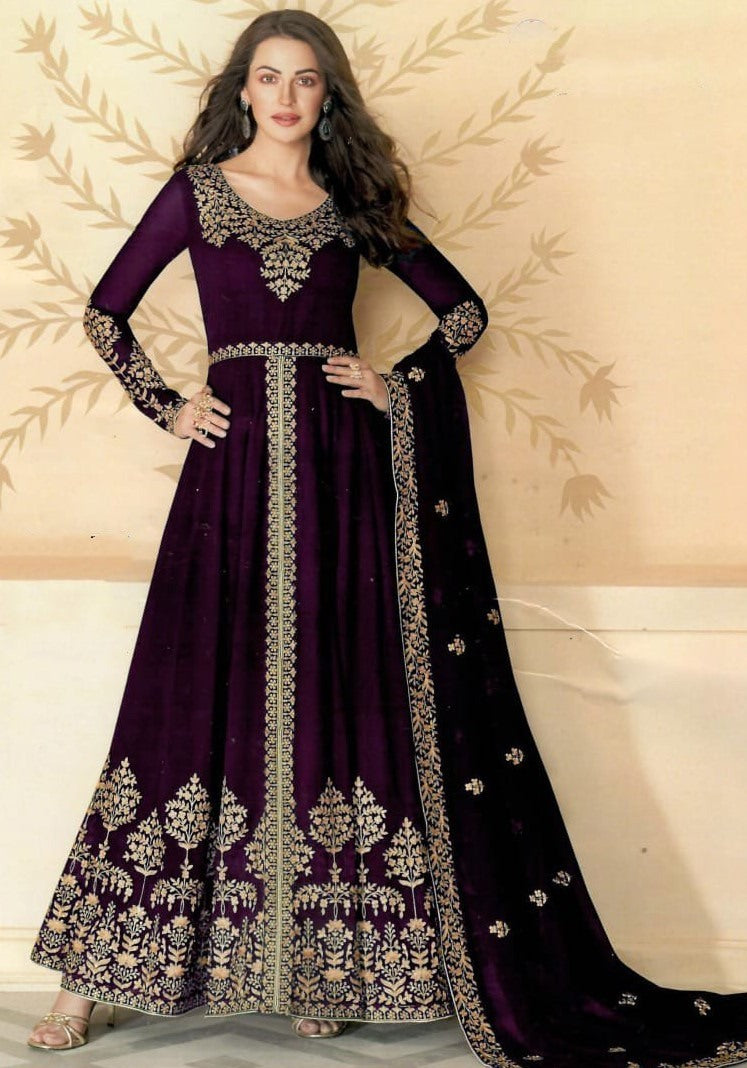 Purple bluming georgette chain stich embroidered anarkali gown