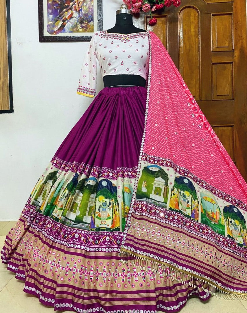 Purple butter silk digital printed real mirror work festival lehenga choli