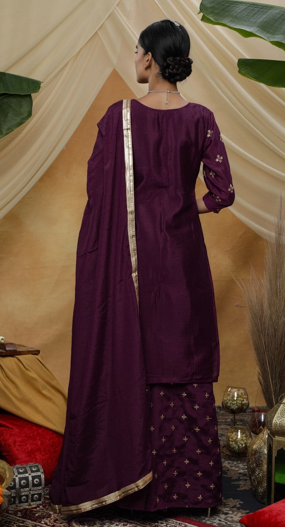 Purple chinon sequence embroidered plazzo suit