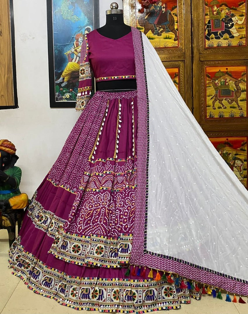 Purple cotton print and mirror handwork gujarati garba navratri lehenga chaniya choli