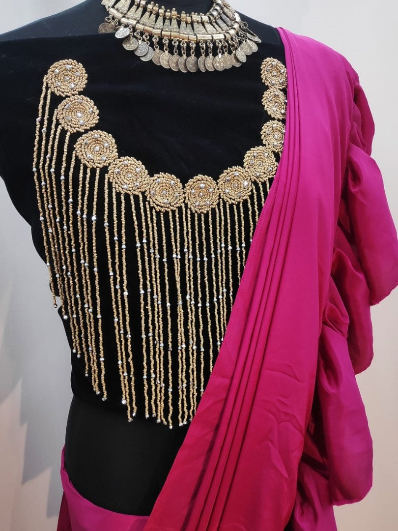 Purple crepe silk designer ruffle saree with handwork blouse