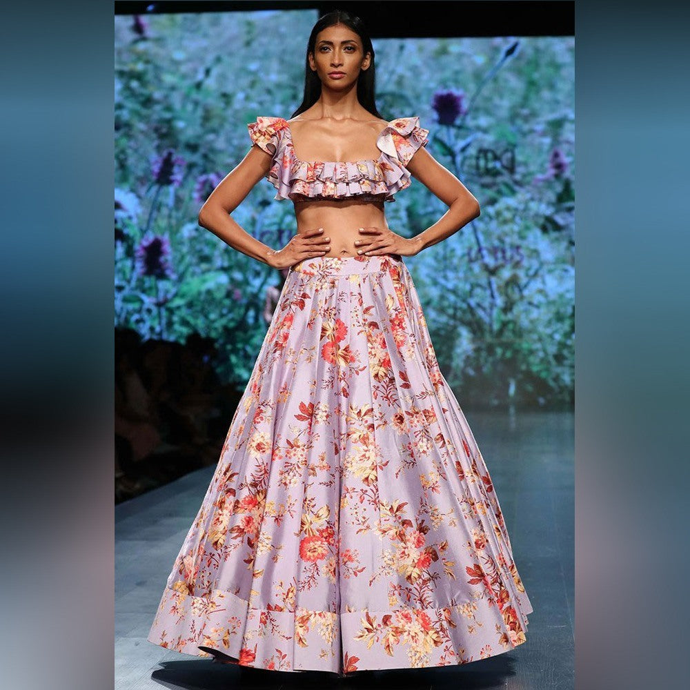 purple floral digital printed crop top lehenga
