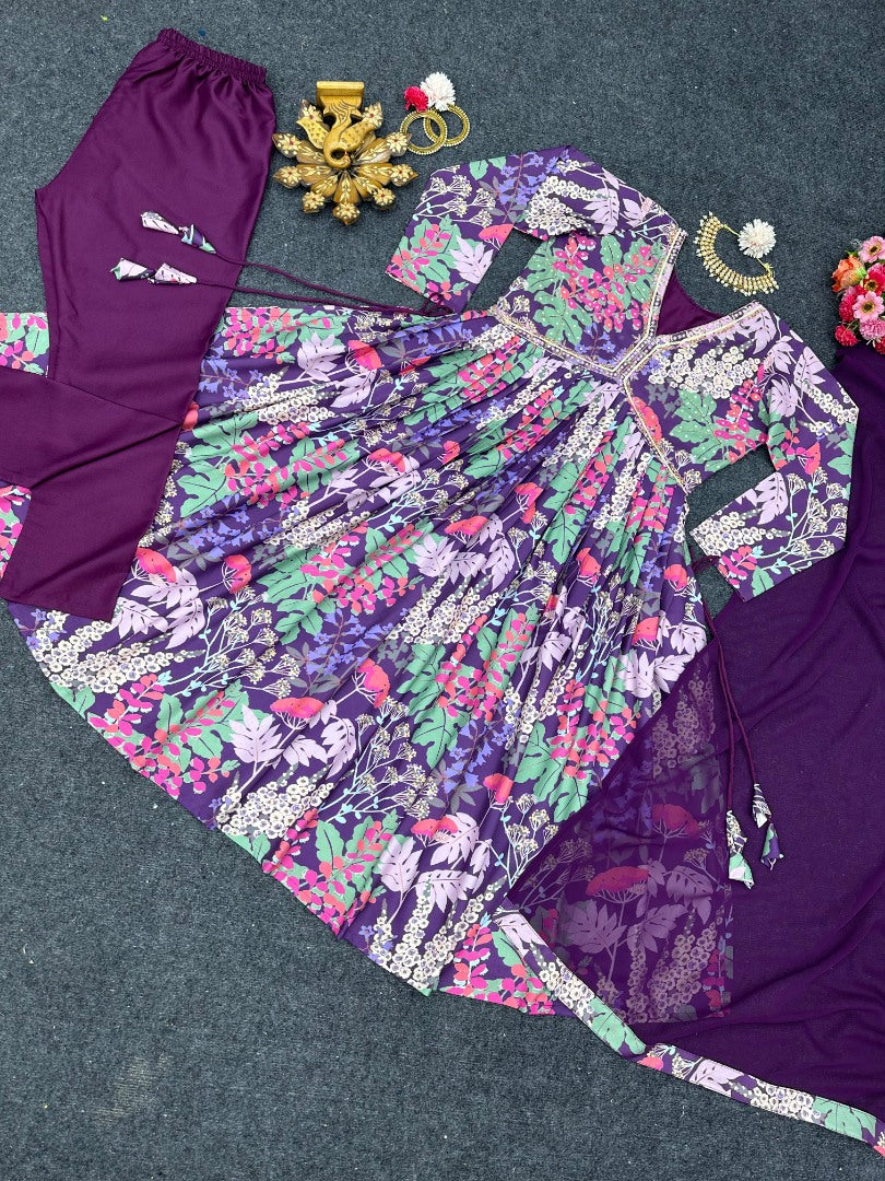 Purple floral printed handwork alia cut kurti