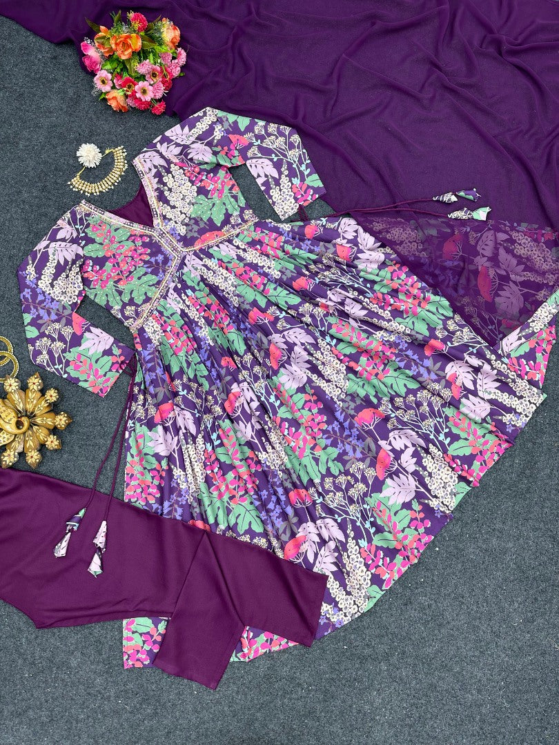 Purple floral printed handwork alia cut kurti