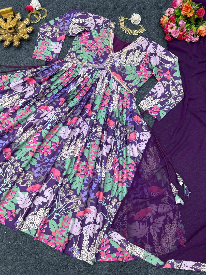 Purple floral printed handwork alia cut kurti