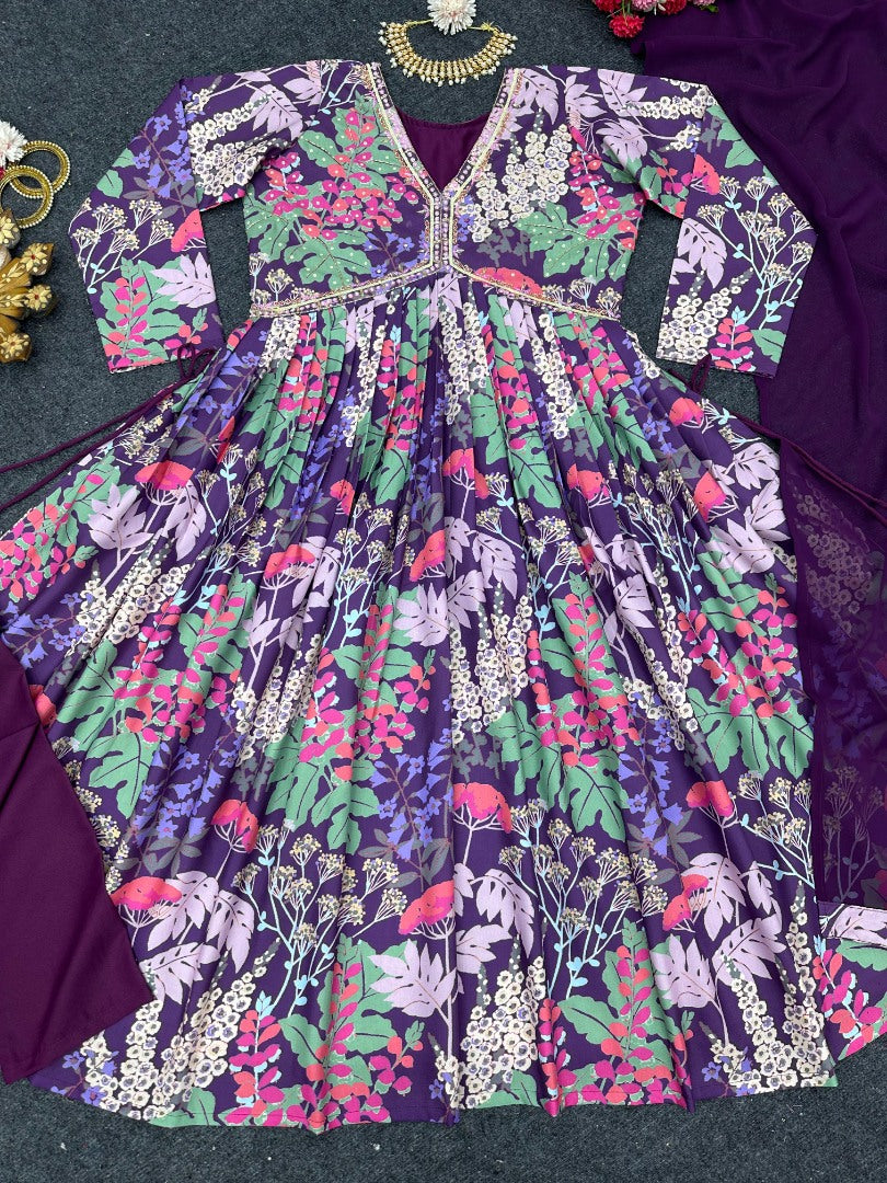 Purple floral printed handwork alia cut kurti