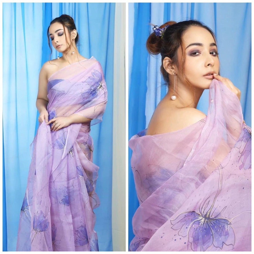 Purple floral printed organza saree