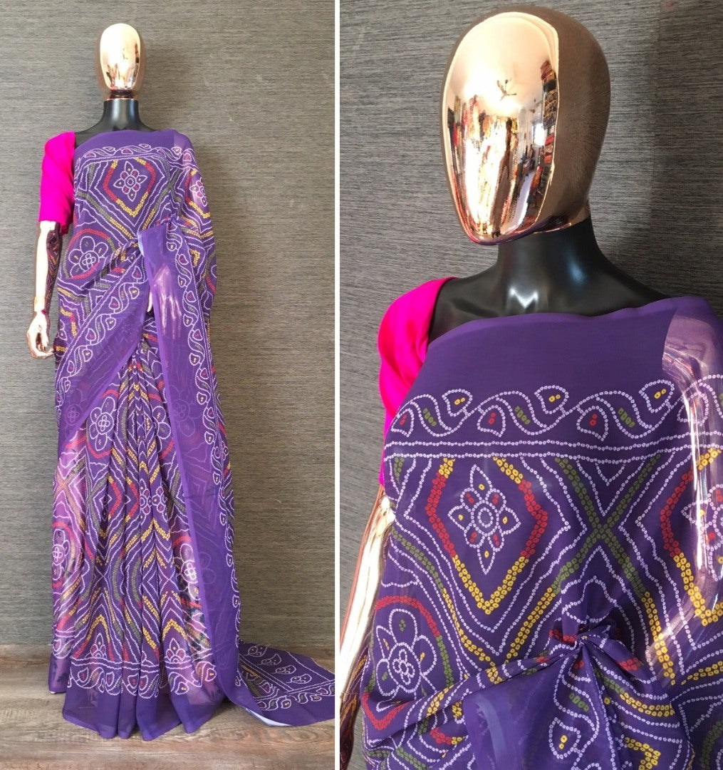 Purple georgette bandhani print traditional saree