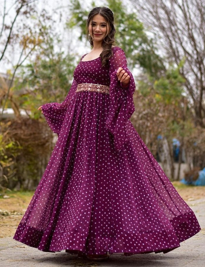 Purple georgette dot printed gown