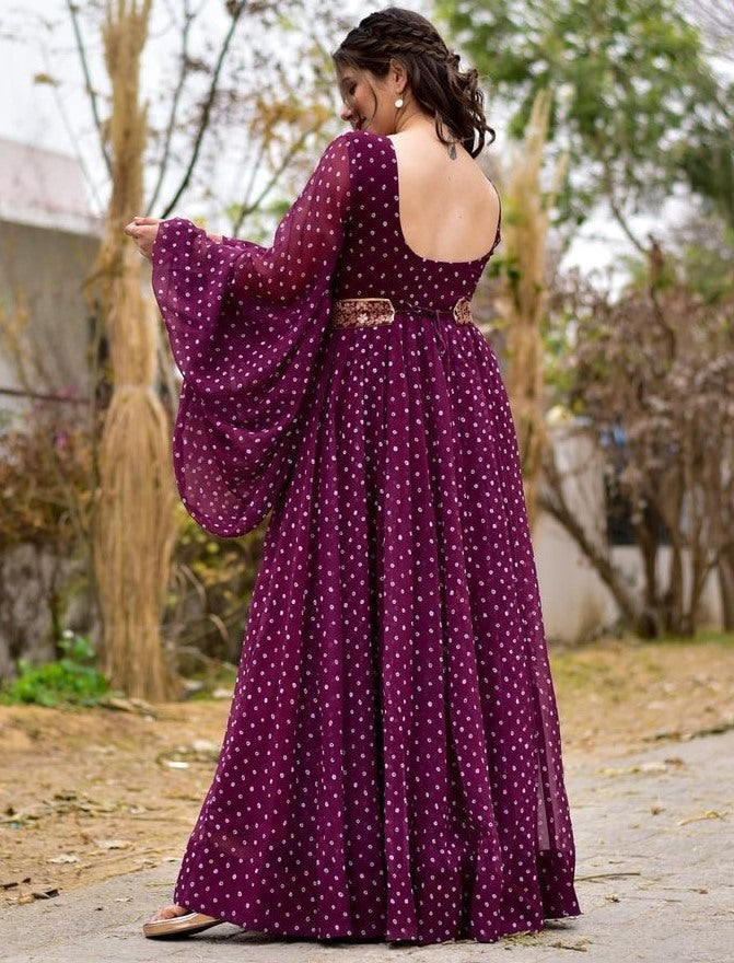 Purple georgette dot printed gown