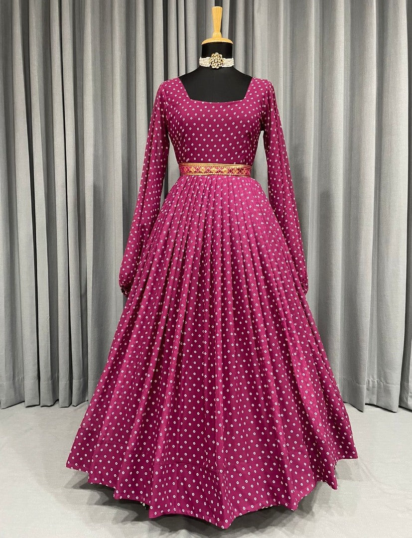 Purple georgette dot printed gown