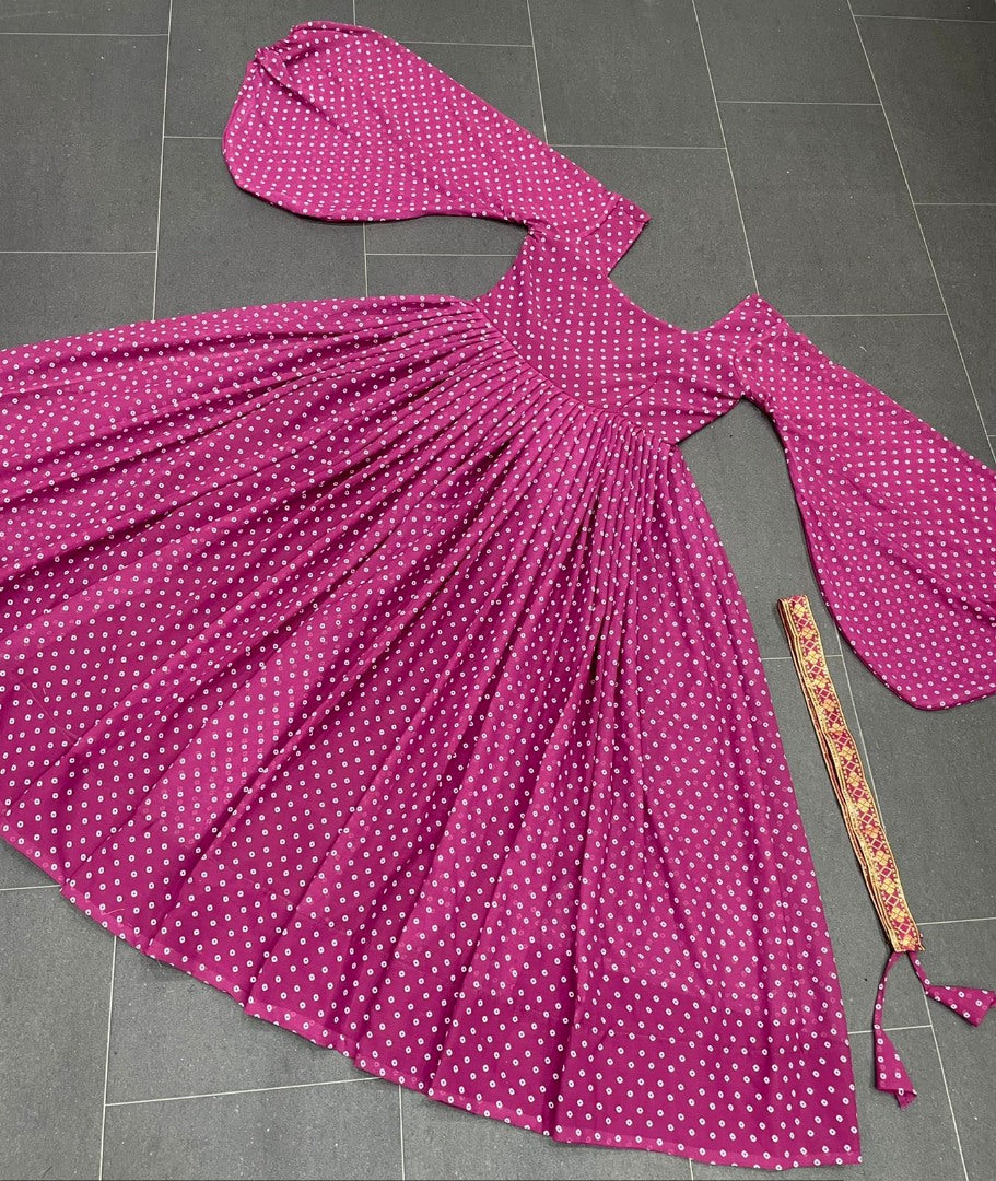 Purple georgette dot printed gown