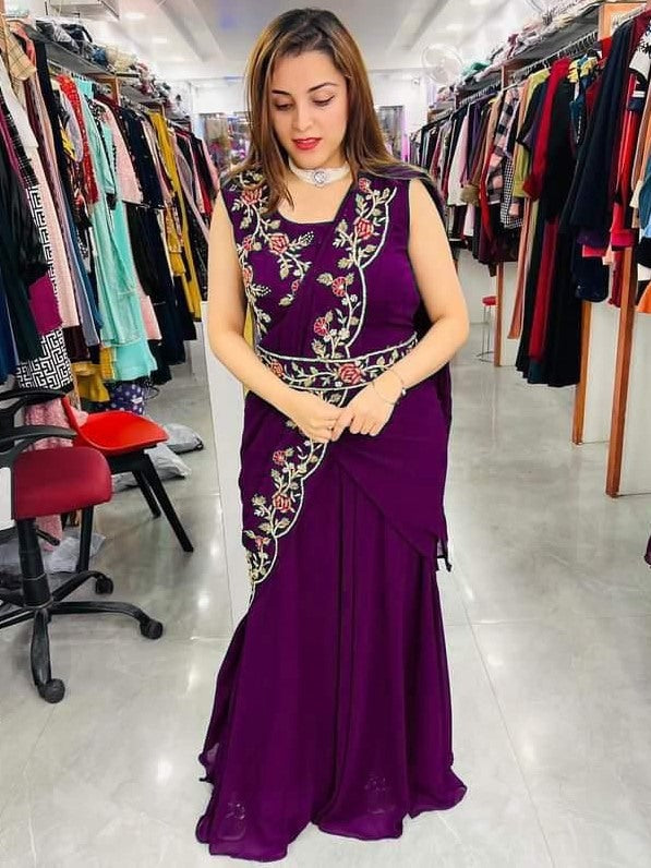 Purple georgette embroidered indowestern umbrella flair gown