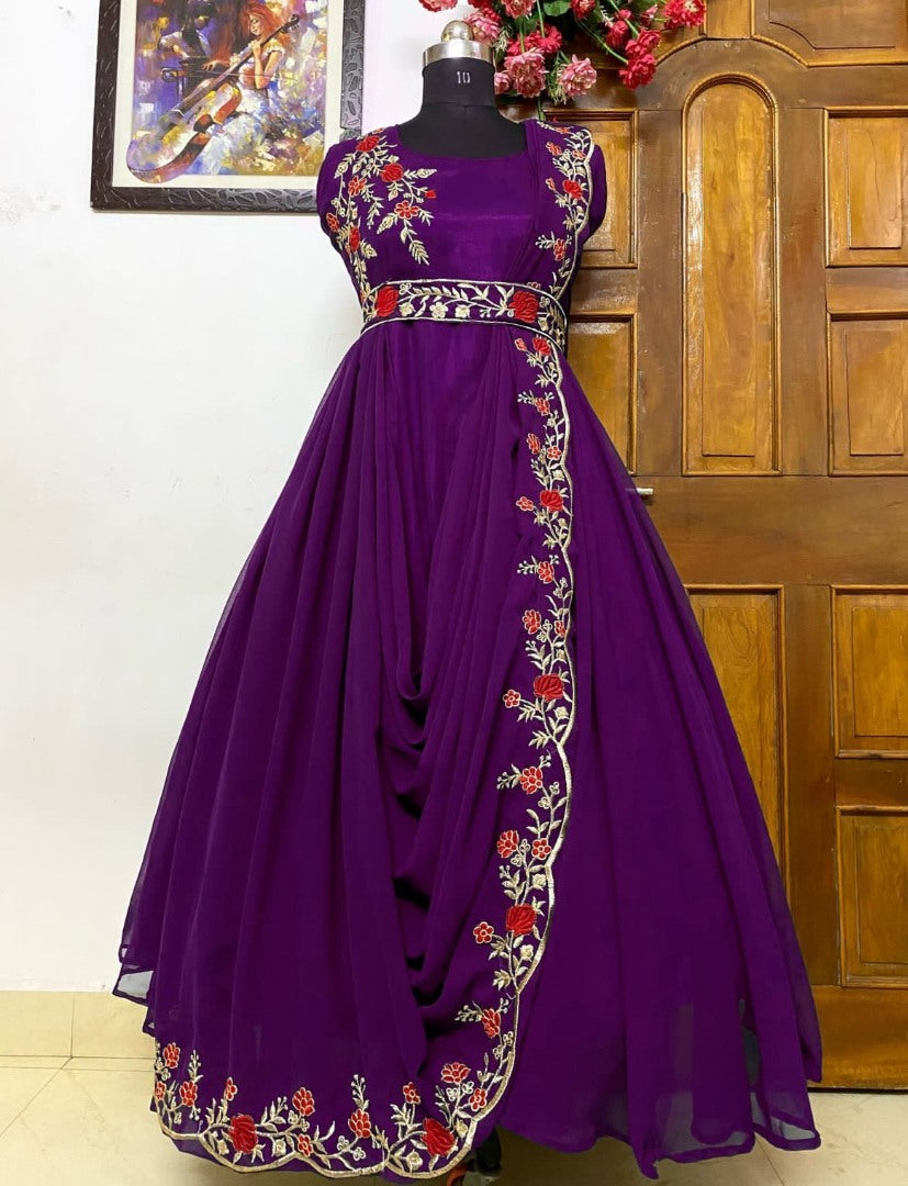 Purple georgette embroidered indowestern umbrella flair gown
