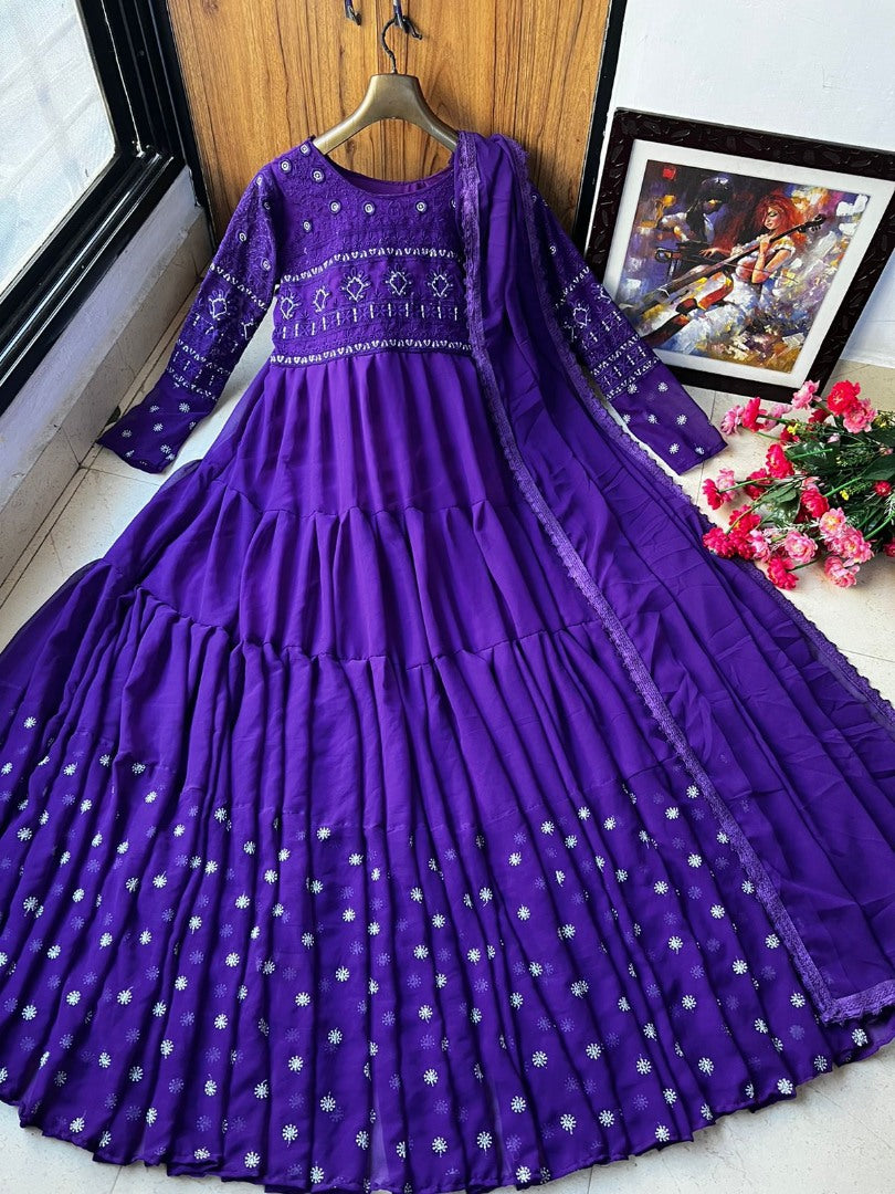 Purple georgette embroidered ruffle layer gown