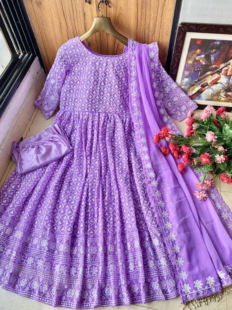 Purple georgette heavy embroidered wedding anarkali suit