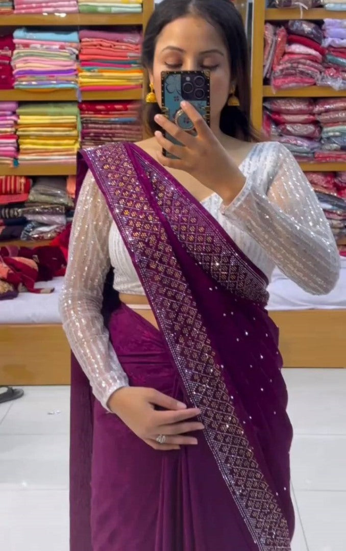 Purple georgette hot fix work saree