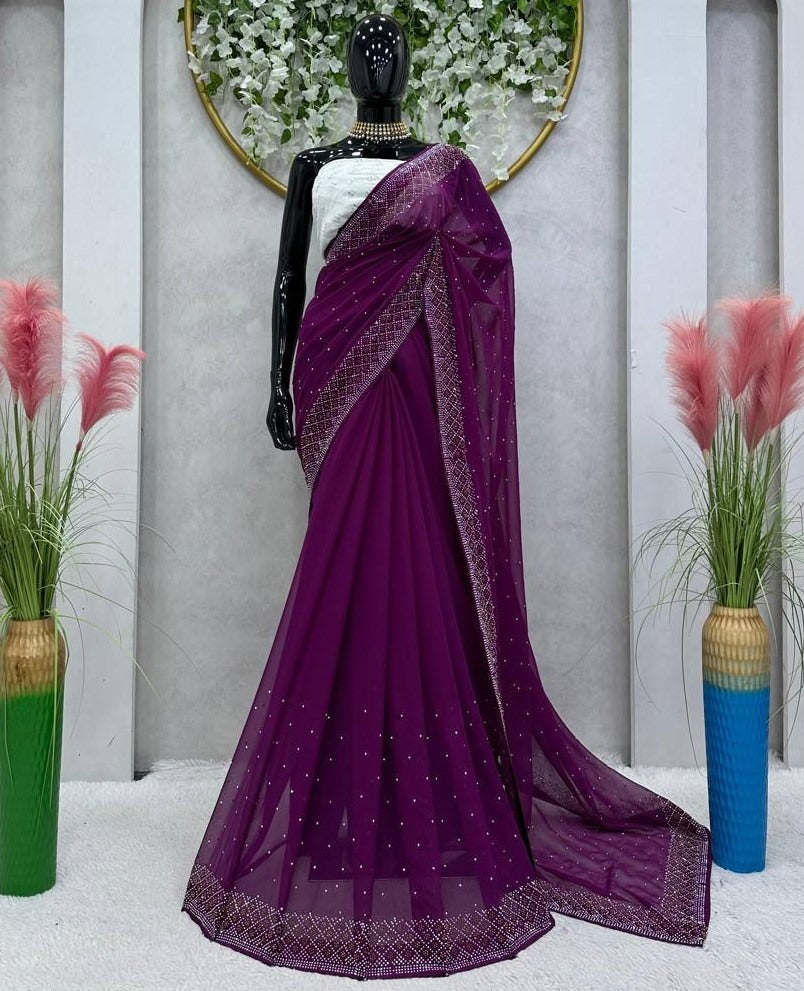 Purple georgette hot fix work saree