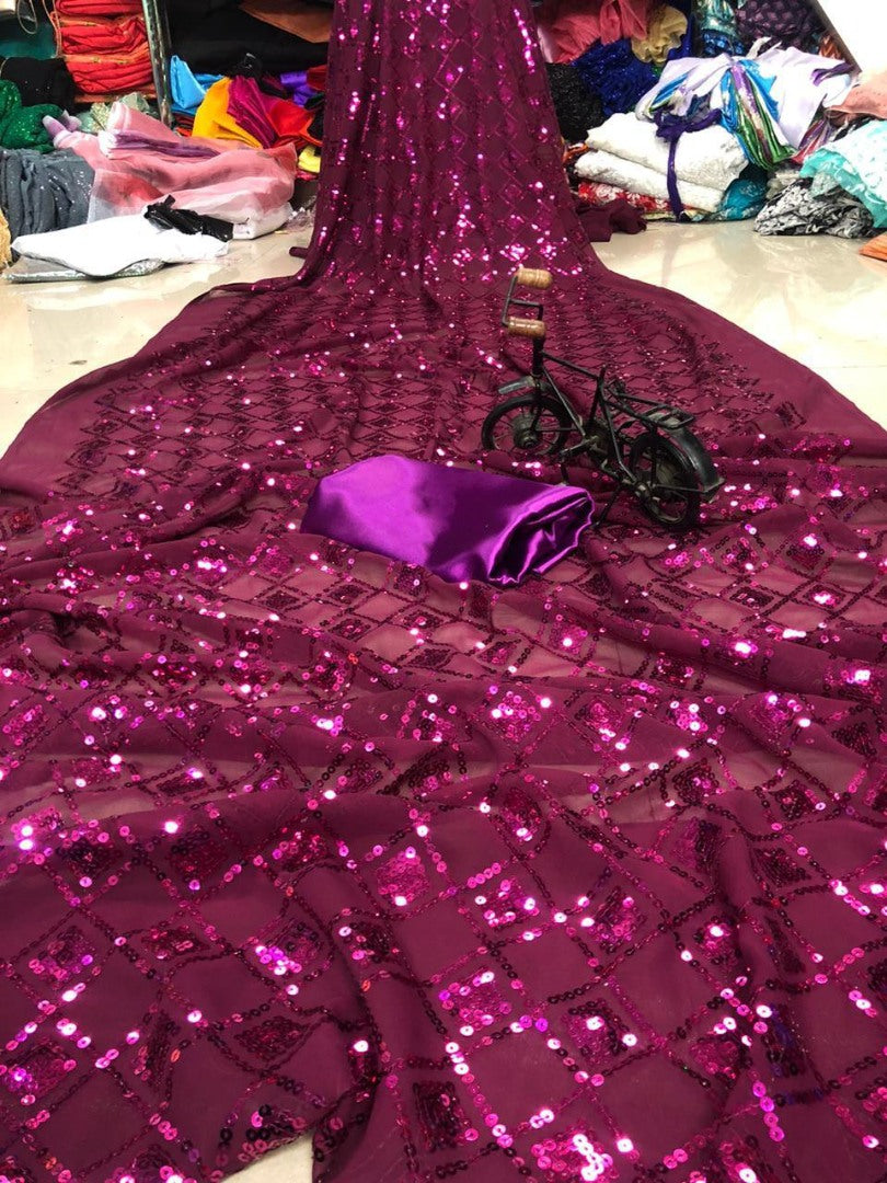 Purple georgette sequence embroidery partywear saree