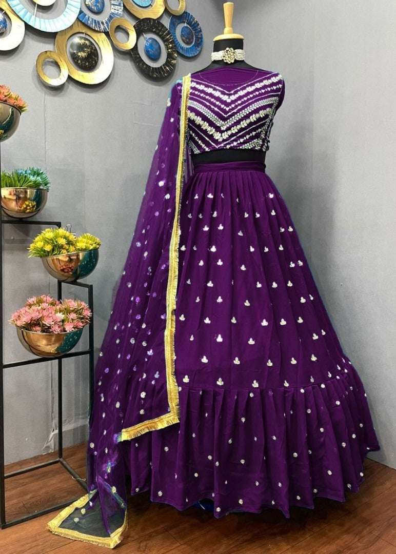 Purple georgette thread sequence embroidery work partywear lehenga choli