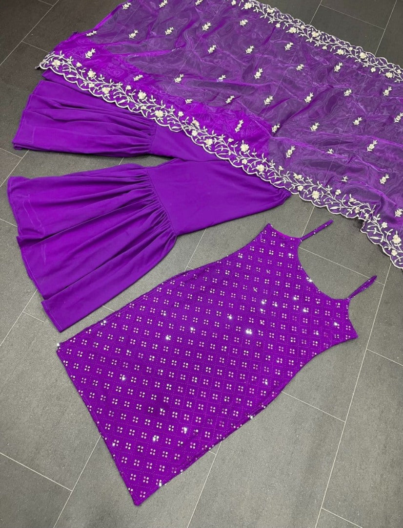 Purple georgette thread sequence work designer party wear sharara suit