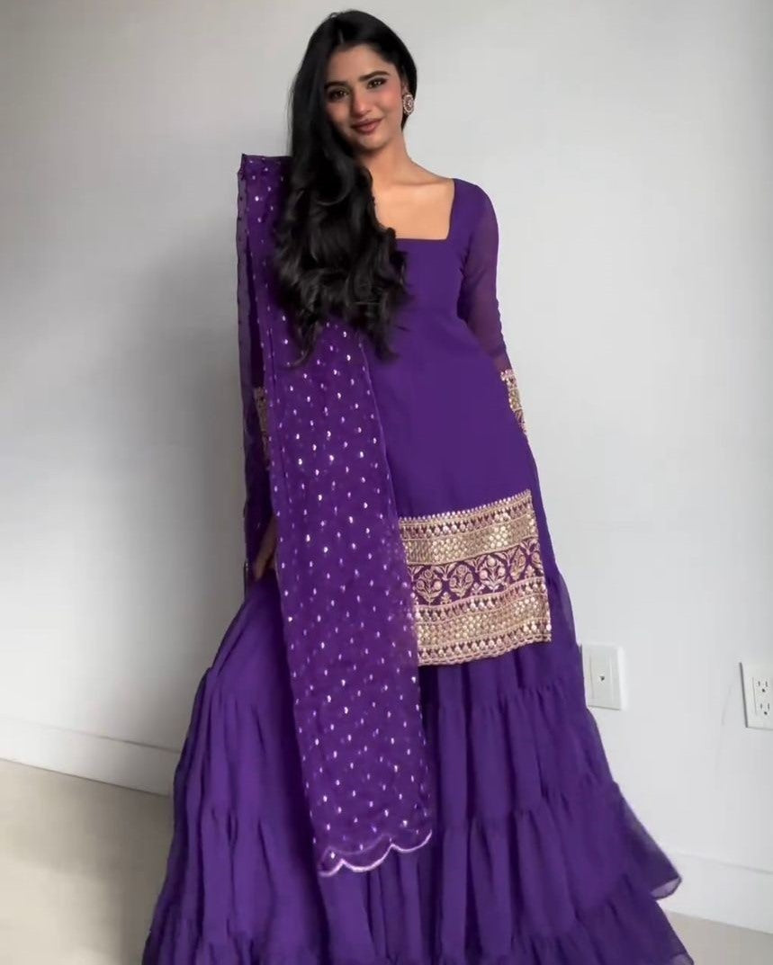 Purple georgette wedding sharara suit