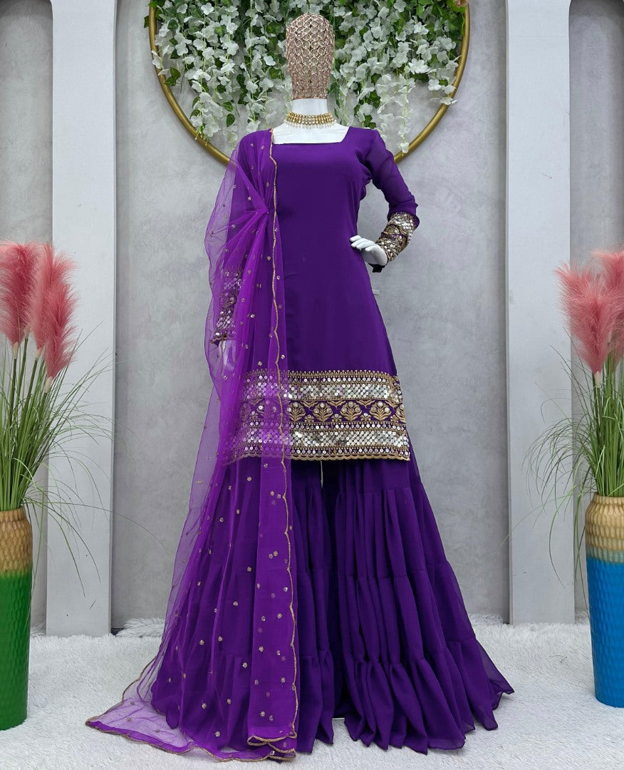 Purple georgette wedding sharara suit