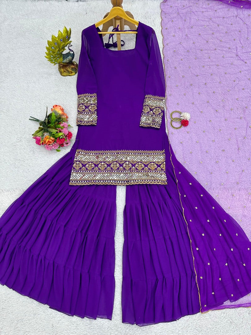 Purple georgette wedding sharara suit