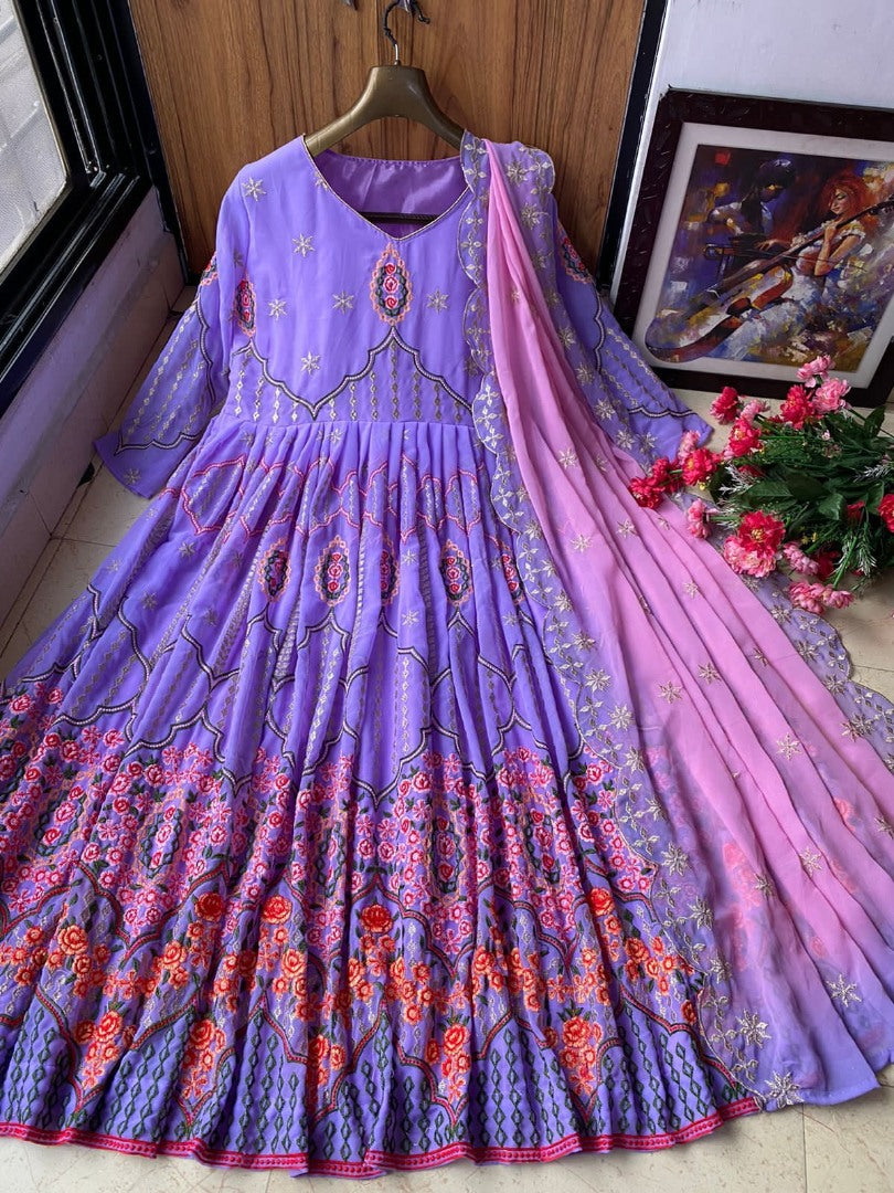 Purple heavy sequence embroidery work designer gown for wedding