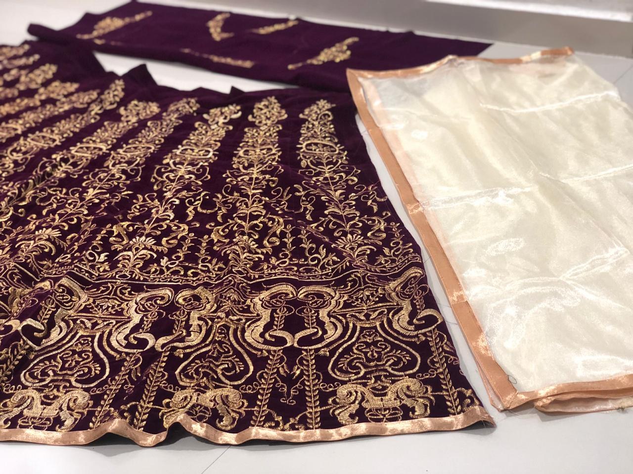 Purple heavy velvet embroidered wedding lehenga choli