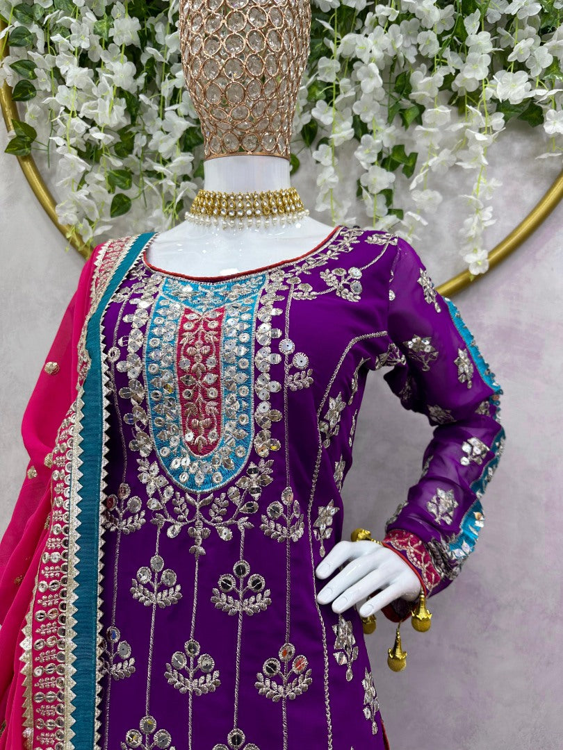 Purple heavy work designer wedding sharara suit