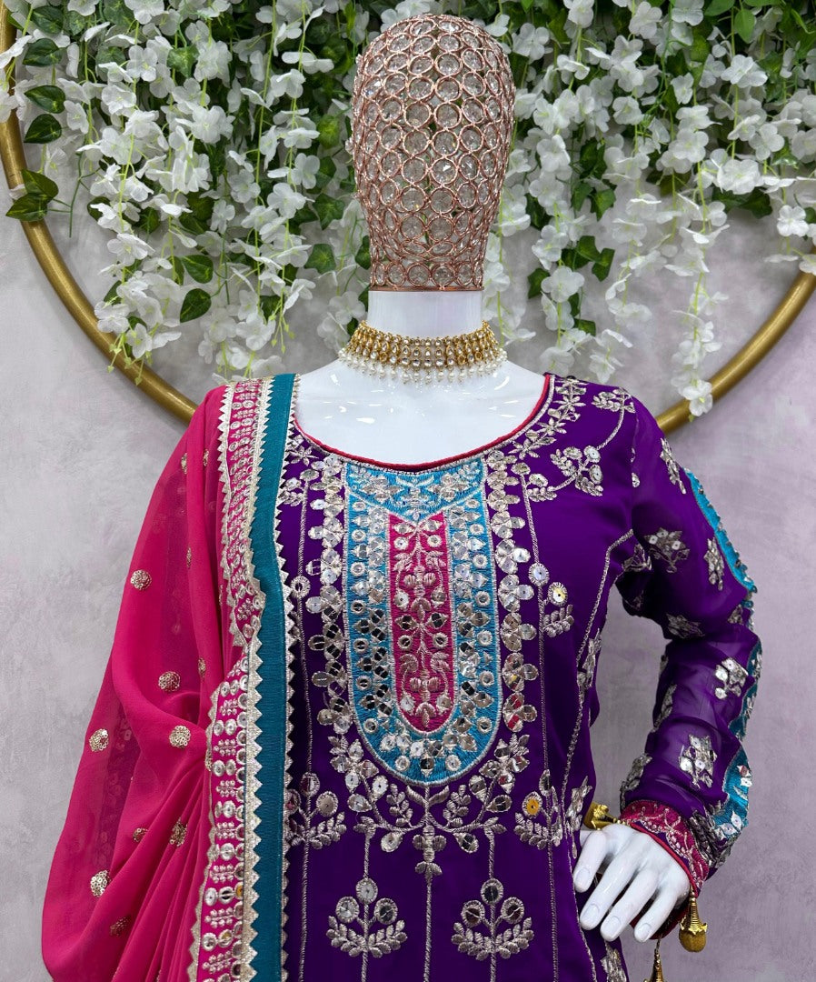 Purple heavy work designer wedding sharara suit