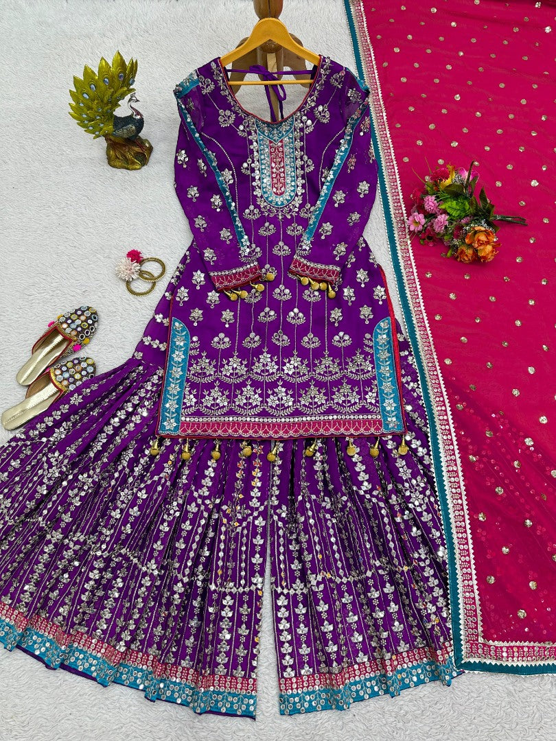 Purple heavy work designer wedding sharara suit