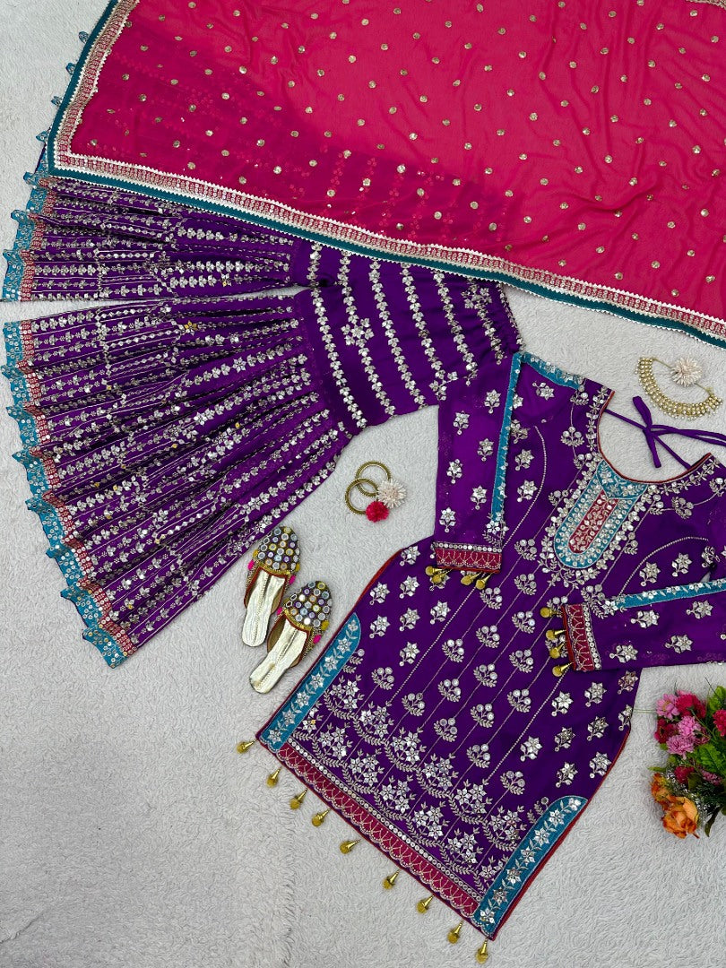 Purple heavy work designer wedding sharara suit